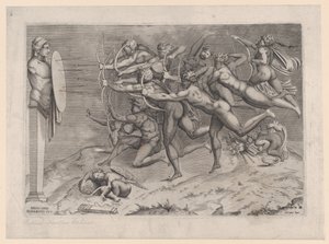 Alastomia jousiampujia ampumassa hermaan kiinnitettyyn maaliin, Amor nukkumassa alla, mahdollisesti..., n. 1540-60.