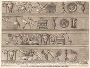 Rooman loiston peili: uhriinstrumentit, jotka perustuvat Ancient Relief Sc... -tutkimukseen, n. 1550-75. tekijältä Nicolas Beatrizet.