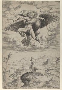 Jupiterin Ganymeden raiskaus kotkan varjossa, joka kantoi hänet taivaaseen, hei..., 1542.