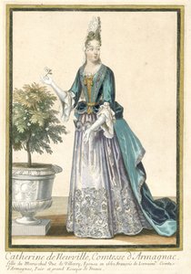 Ranskalaiset printit levittävät ranskalaista muotia: Armagnacin kreivitär Catherine de Neuvillen muotokuva Catherine de Neuville, Armagnacin kreivitär, pukeutunut ranskalaiseen muotiin n. 1685 tekijältä Nicolas Bonnart (fils)