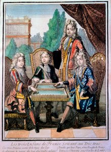 Ludvig XIV:n (1638-1715), Ludvig Burgundin herttuan (k. 1712), Anjoun herttuan Philippen (1683-1746) ja Berryn herttuan Charlesin lapsenlapset isänsä Louis (k. 1711), delfiini kanssa Ranskalainen soittamassa tric tracia (Trictrac tai Trictrac: backgan esi-