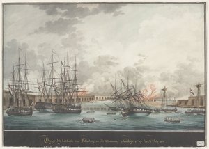 Näkymä Palembangin paristoista voiton jälkeen iltapäivällä - klo 12. 24. heinäkuuta 1821 (otsikko esineessä) tekijältä Nicolas Cammillieri