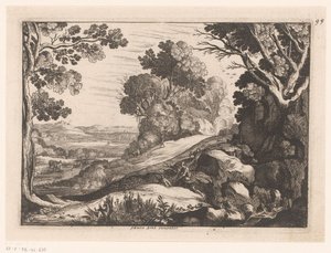 Mäkistä maisemaa kahdella vuohipaimenella Idealisoidut maisemat (sarjan nimi) tekijältä Nicolas Cochin (attributed to)