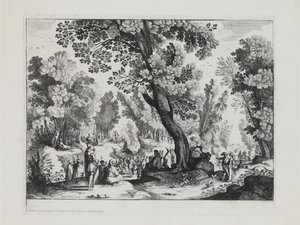 Metsäinen maisema Pyhän Johannes Kastajan saarnalla tekijältä Nicolas Cochin
