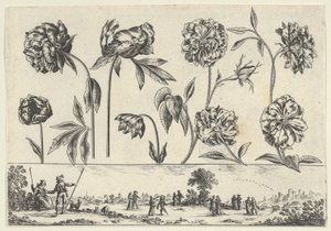 Vaakasuora paneeli, jossa kukkarivi friisin yläpuolella ja hahmoja maisemassa, Li..., 1645. tekijältä Nicolas Cochin