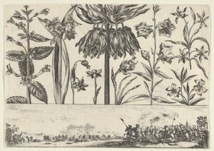 Vaakasuora paneeli, jossa kukkarivi friisin yläpuolella ja taistelukohtaus maisemassa, ..., 1645.