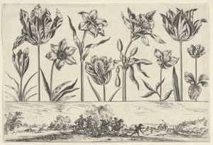 Vaakasuora paneeli, jossa kukkarivi friisin yläpuolella ja taistelukohtaus maisemassa, ..., 1645. tekijältä Nicolas Cochin
