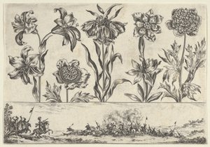 Vaakasuora paneeli, jossa kukkarivi friisin yläpuolella ja taistelukohtaus maisemassa, ..., 1645. tekijältä Nicolas Cochin