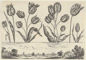 Vaakasuora paneeli, jossa kukkarivi friisin yläpuolella ja metsästyspaikka maisemassa,..., 1645. tekijältä Nicolas Cochin
