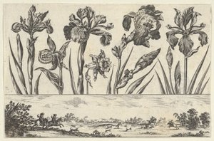 Vaakasuora paneeli, jossa kukkarivi friisin yläpuolella ja metsästyspaikka maisemassa,..., 1645. tekijältä Nicolas Cochin