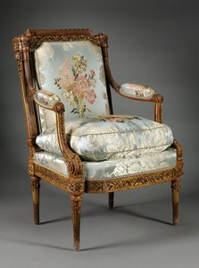 Nojatuoli (Fauteuil), n. 1785 (puksipuu) tekijältä Nicolas Denis Delaisement