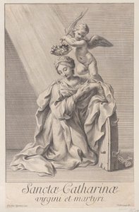 Pyhä Katariina Aleksandrialainen polvistuu kyynärpäänsä piikkipyörän varassa ja..., 1698. tekijältä Nicolas Dorigny