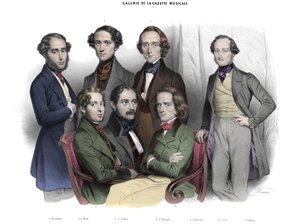 Galerie de la Gazette musicale N. 2. Vuoden 1842 julkkikset: Frederic Chopin (1810-1849) Franz Liszt (1811-1886), Jacob (Jakob, Jacques) Rosenhain, Edouard Wolff, Sigismund Thalberg, Adolf von Theodor Henselt, Theodor Dohler (1814-1856). Kaiverrus Nicolas