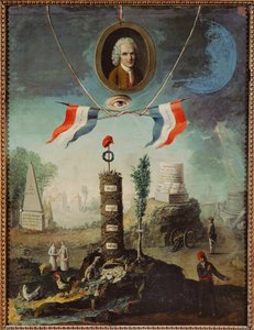 Ranskan vallankumouksen allegoria, jossa on Jean-Jacques Rousseaun muotokuva ja jakobiininen frigonihattu ...