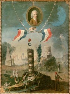 Vallankumouksellinen allegoria: Jean Jacques Rousseaun, sveitsiläisen filosofin (1712-1778) muotokuva vallankumouksen symboleilla. Nicolas Henri Jeaurat De Bertryn maalaus (1728-ap. 1796)