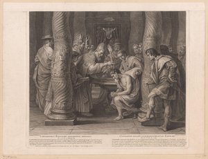 Paavi Silvester I kastoi keisari Konstantinuksen Constantinus baptismo solemniter initiatus / Constantin reçoit solemnelllement le baptème (otsikko esineessä) Keisari Konstantinus Suuren historia (sarjan nimi)