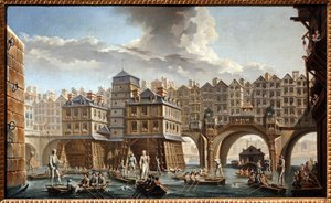 Proomujen turnaus Notre Damen sillan ja Pont au Changen välillä tekijältä Nicolas and Jean Baptiste Raguenet