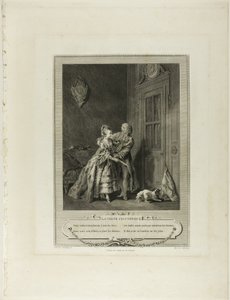 Odottamaton kutsu, teoksesta Monument du Costume Physique et Moral de la fin du Dix-huitième siècle (Monument du Costume Physique et Moral de la fin du Dix-huitième siècle) tekijältä Nicolas Joseph Voyez