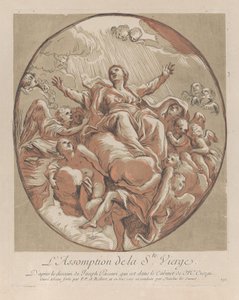 Neitsyt taivaaseenastuminen, kokoelmasta "Kauneimpien maalausten vedoksia...", n. 1729-40. tekijältä Nicolas Le Sueur
