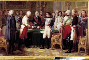 Erfurtin haastattelu 27. syyskuuta - 14. lokakuuta 1808: Napoleon I vastaanottaa Itävallan keisarilta lähetetyn itävaltalaisen diplomaatin paroni Vincentin. Keskellä kahden hahmon välissä näemme Charles Maurice of Talleyrand Perigord (1754-1838). Kipu