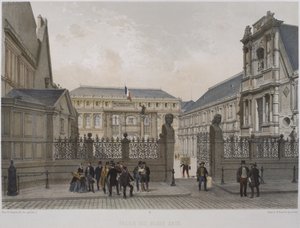 Palais des Beaux-Arts, Pariisi, kuvitus teoksesta "Pariisi loistossaan", julkaisija Henri Charpentier, kaiverrus Philippe Benoist (s.1813) 1861 tekijältä Nicolas Marie Joseph Chapuy