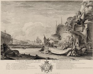 Allegorinen kaiverrus laivojen lahjasta noin 1762. tekijältä Nicolas Ozanne