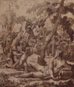 Metsäinen maisema, jossa on jokijumala ja putti (kynä ja muste) tekijältä Nicolas Poussin