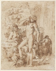 Bacchus ja Erigone (kynä ja muste pesulla paperille) tekijältä Nicolas Poussin