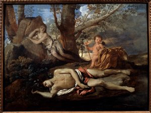 Kaiku ja Narcissus kuvitus legendalle, joka inspiroi Ovidea teoksessa "" Les Metamorphoses"" Nicolas Poussinin (1594-1665) 1600-luvun aurinko. 0,74 x 1 m Pariisi, tekijältä Nicolas Poussin