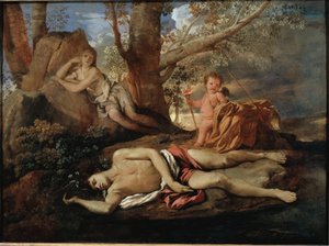 Kaiku ja Narcissus -kuvitus legendalle, joka inspiroi Ovidea Nicolas Poussinin maalauksessa "Les Metamorphoses" tekijältä Nicolas Poussin