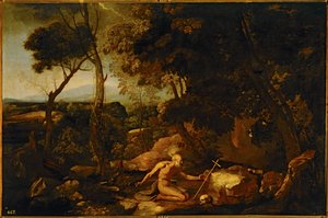 Maisema Pyhän Hieronymuksen kanssa ... (maalaus kankaalle) tekijältä Nicolas Poussin