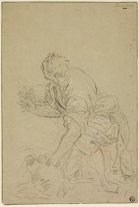 Mies polvistuu kannun kanssa (etusivu); seisova mies (kääntöpuoli). tekijältä Nicolas Poussin