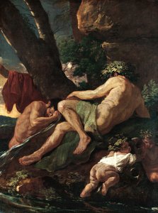 Midas peseytyy Pactolus-joen lähteellä. tekijältä Nicolas Poussin