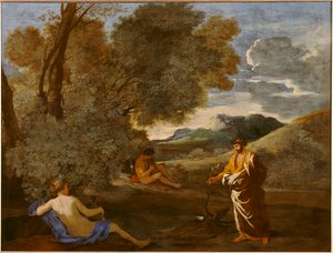 Midas, joka muuttaa pihlajan oksan kullaksi, kuten Numa Pompilius ja nymfi Egeria kerran sanoivat. tekijältä Nicolas Poussin