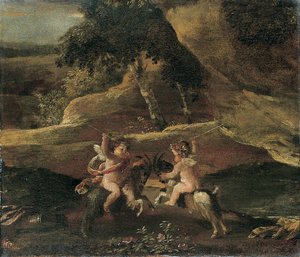 Putti taistelee vuohilla tekijältä Nicolas Poussin