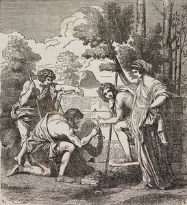 Shepherds of Arcadia, Nicolas Poussinin maalauksen jälkeen, kuvitus Universal Theatresta, Encyclopedic and scenografinen kokoelma, nro 512, 4. toukokuuta tekijältä Nicolas Poussin
