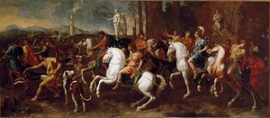 Meleagerin metsästys. Kreikkalaisen mytologian sankarit, joka on kuuluisa Calydonin villisian metsästyksen aikana. Nicolas Poussinin maalaus tekijältä Nicolas Poussin