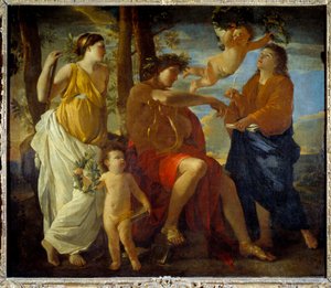 Runoilija Un poete inspiraatiota, lyyraa kädessä ja laakereiden kruunun päähine, ympäröi muusat ja putti. Nicolas Poussinin maalaus tekijältä Nicolas Poussin