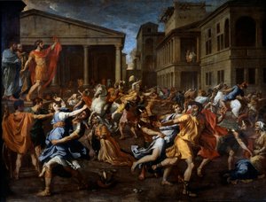 Roomalaisten suorittama sabiinien poistaminen. Romulus vasemmalla tarkkailee kohtausta. Nicolas Poussinin maalaus tekijältä Nicolas Poussin