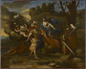 Venus, Aeneasin äiti, esittelee hänelle Vulcanin takomia aseita, n. 1635 (öljy kankaalle) tekijältä Nicolas Poussin