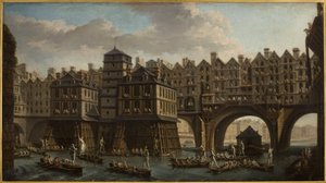 Merimiesten turnajaiset Pont Notre-Damen ja Pont au Changen välillä. tekijältä Nicolas Raguenet