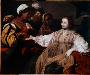 Ennustaja Eräs nainen tuli käymään kädenlääkärin vastaanotolla. Nicolas Regnierin (1591-1667) maalaus Sun. 1,2x1,5 m tekijältä Nicolas Regnier