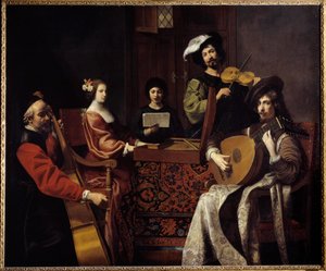 Barokkkimusiikki: "" Konsertti""" Muusikot soittavat jousisoittimia. Nicolas Tournierin (1590-1657) maalaus 1600-luvun su. 1,88x2,26 m