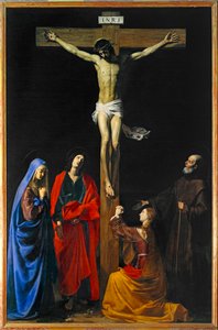 Kristus ristillä, Neitsyt Maria, Magdaleena, Pyhä Johannes ja Pyhä Franciscus Paola - Kristus ristillä, Neitsyt Maria, pyhät Maria Magdaleena ... tekijältä Nicolas Tournier