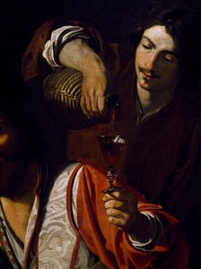 Palvelija kaataa viiniä, yksityiskohta juojien kokouksesta, Nicolas Tournier (kastettu 1590-ennen 1639), öljy kankaalle
