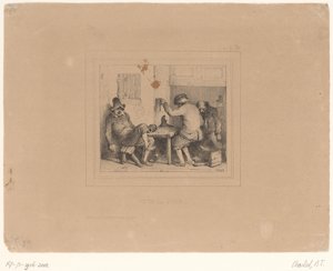 Kolme humalaista talonpoikaa pubissa Vive la joie (otsikko esineessä) Sketches 1837 (sarjan nimi) Charlet 1837:n Croquis (sarjan nimi) tekijältä Nicolas Toussaint Charlet