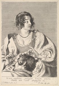 Delilah valmistautuu leikkaamaan Simsonin hiuksia saksilla oikeassa kädessään, rintojensa alapuolella..., n. 1629. tekijältä Nicolas Viennot