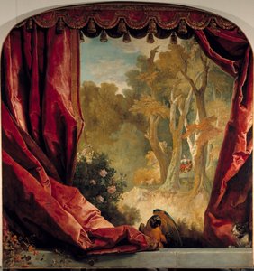 Koristeellinen sommitelma verhoilla, maisemalla ja eläimillä Nicolas de Largillieren (1656-1746) maalaus 1700-luvun aurinko. 2,61x2,51 m tekijältä Nicolas de Largillière