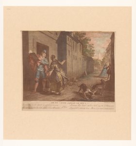 Straat Gezicht tapasi miehen tapasi kirjan Tai älä koskaan ajattele kaikkea (otsikko esineessä) Fabels van Jean de La Fontaine (sarjan nimi) Sarja uusia vedoksia La Fontainen tarinoihin (sarjan nimi) tekijältä Nicolas de Larmessin (III)