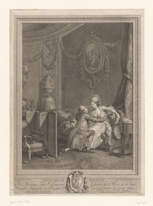 Onnellinen hetki Slaapkamerinterieur met koppel op bed Onnellinen hetki (otsikko esineessä) tekijältä Nicolas de Launay (goudsmid)